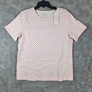 National UltraSofts Womens Pink White Floral Print T-Shirt Picot Trim 24606 M